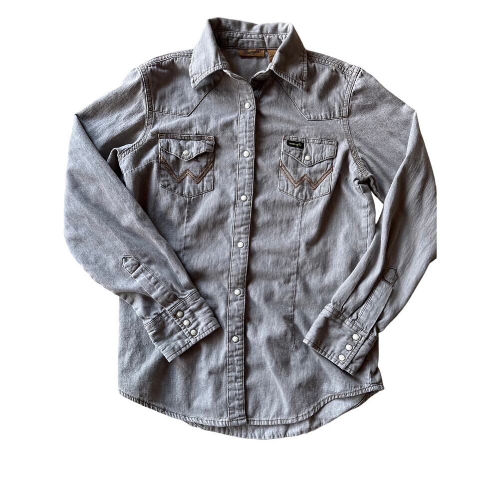 Wrangler Womens XS Gray Denim Pearl Snap Western Work Shirt Cotton Cowgirl